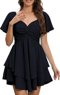 Women's Sweetheart Knot Front Dress Smocked Back Short Sleeve Layered Boho Chiffon Mini Dresses