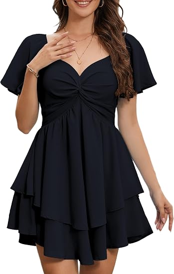 Women's Sweetheart Knot Front Dress Smocked Back Short Sleeve Layered Boho Chiffon Mini Dresses